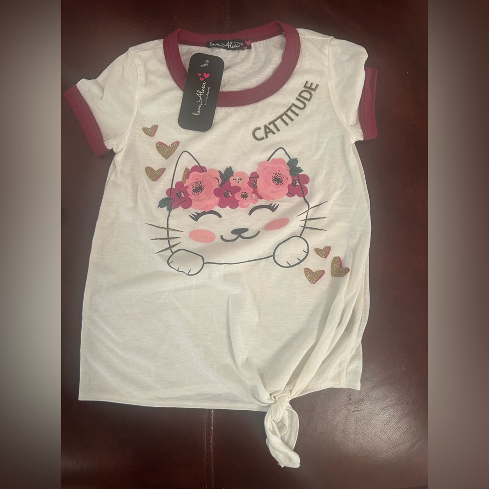 Cute Cat Floral Kids Tee - White and Burgundy
